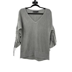 New York & Company Sweater Womens Medium Ruched Sleeve Sweater Gray V Neck